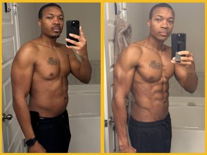 6 month body transformation going from 176 pounds, 25% body fat to 161 pounds, 10% body fat.