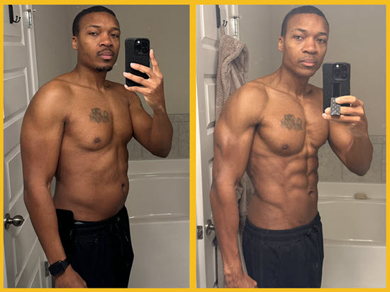 Before and after six month body transformation; Before picture on left at 177 pounds, After picture on right at 161 pounds.